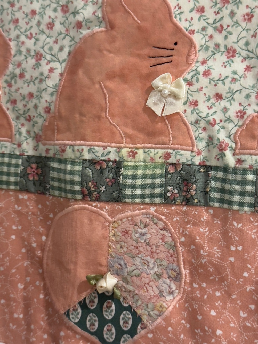 Girls handmade quilted Pink Striped Dress with Decorative Border and bunnies. - Picture 6 of 7